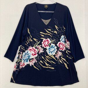 JM Collection size 1X Navy Floral Feminine Chain Detail Stretch Knit V neck Top